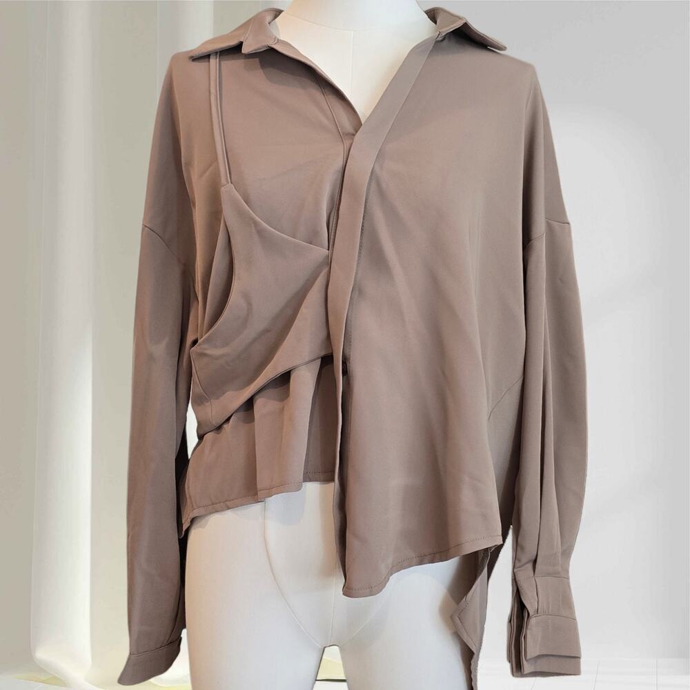 Women's Taupe Asymmetrical Button-up Blouse Sz. Medium